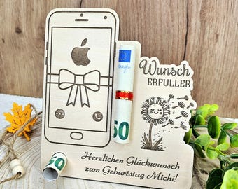 Geldgeschenk Apple iPhone | Bargeld Gutschein iPhone / Handy | Wunscherfüller Kommunion, Konfirmation, personalisiert