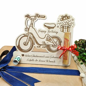 Geldgeschenk Kinderfahrrad - Wunscherfüller | Fahrrad Gutschein | Aufsteller für Geldscheine, personalisiert, Holzgeschenk