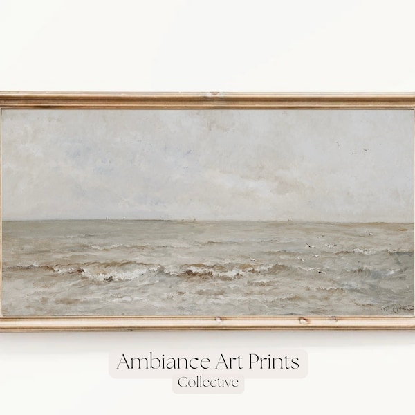 Long Landscape Painting Wall Art | Panoramic Seascape Oil Painting | Narrow Horizontal Prints | Muted Above Bed | Digital Download P600