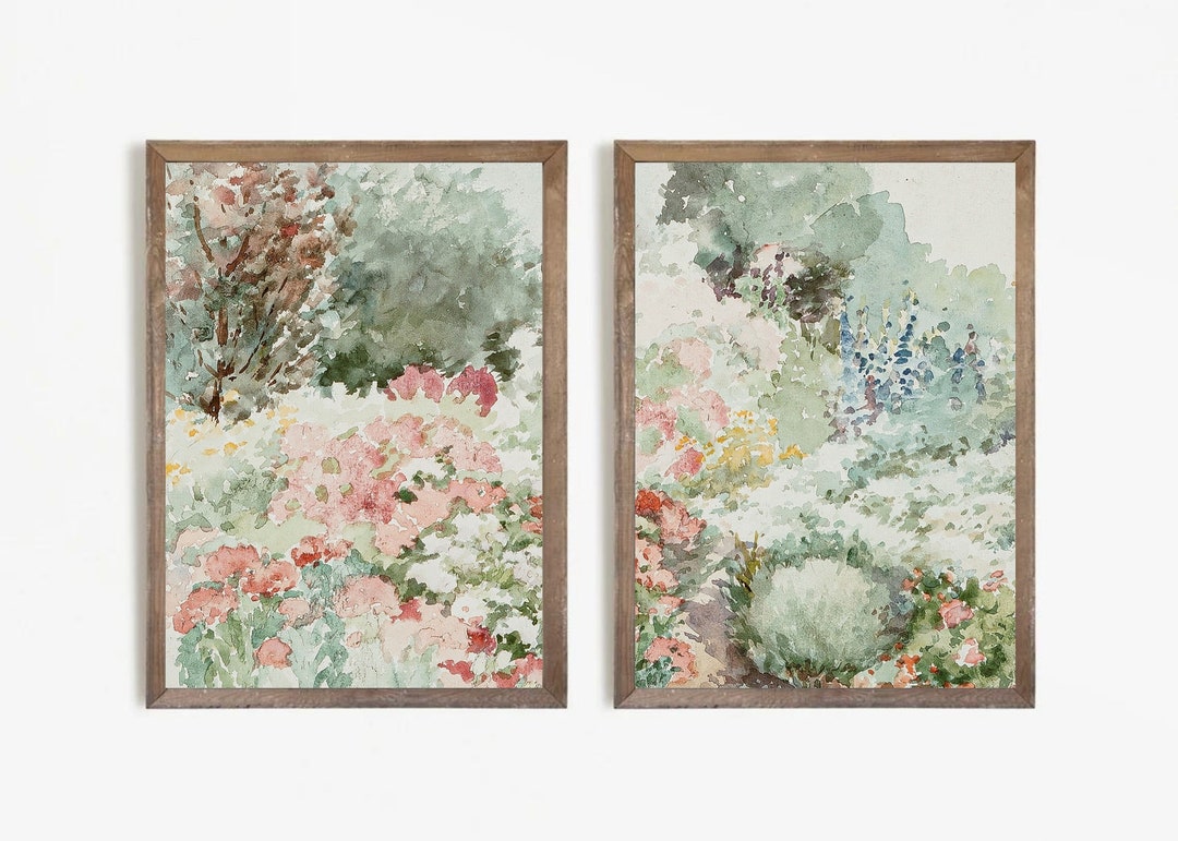 Vintage Floral Garden Wall Art Set, Neutral Watercolor Landscape Prints ...