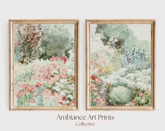 Garden 2 Pieces Wall Art | Vintage Floral Landscape Set of 2 Split Print | Watercolor Neutral Summer Painting | Digital Download | B115