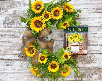 Handmade Sunflower Wreath: Rustic Burlap Bow, Farmhouse Welcome Decor