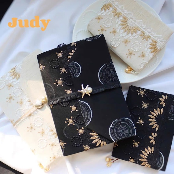 Lace & Embroidered Fabric Book Cover, A5 A6 Cloth Book Cover, Denim Notebook Cover, Adjustable Book Protector, Notebook Jacket, Book Pouch