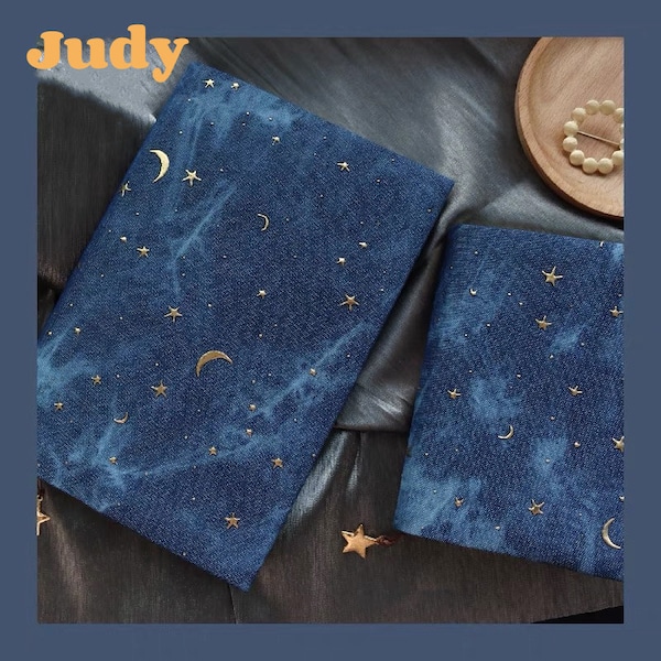 Denim Star & Moon Fabric Book Cover, A5 A6 Cloth Book Cover, Denim Notebook Cover, Adjustable Book Protector, Notebook Jacket, Book Pouch