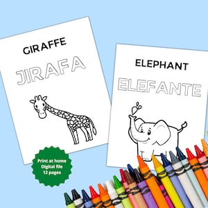 Coloring Pages with Animals / Learn Spanish today / Digital file. Printable