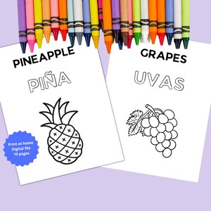 Coloring Pages with Fruits! / Learn Spanish / Digital file. Printable.