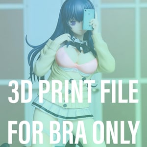 May include: 3D print file for bra only. A 3D printed figurine of a woman wearing a pink bra and a white skirt. The figurine is holding a phone to her face and is kneeling on a blue surface.