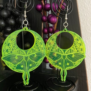 Luna Moth neon green translucent acrylic dangle earrings