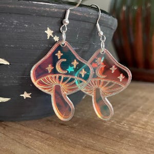 Iridescent Mushroom Dangle Earrings, starry moon mushroom earrings,
