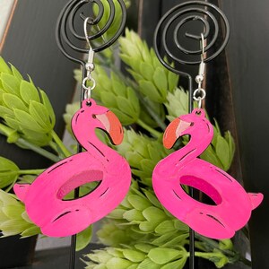 Flamingo Pool Floaty wooden dangle earrings