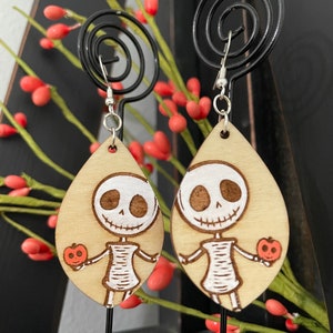 Cute Skeleton Pumpkin wooden hand painted dangle earrings