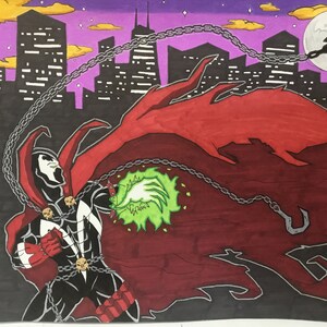 May include: A hand-drawn illustration of a superhero character with a red cape and chains. The character is standing in front of a cityscape with a full moon in the background.