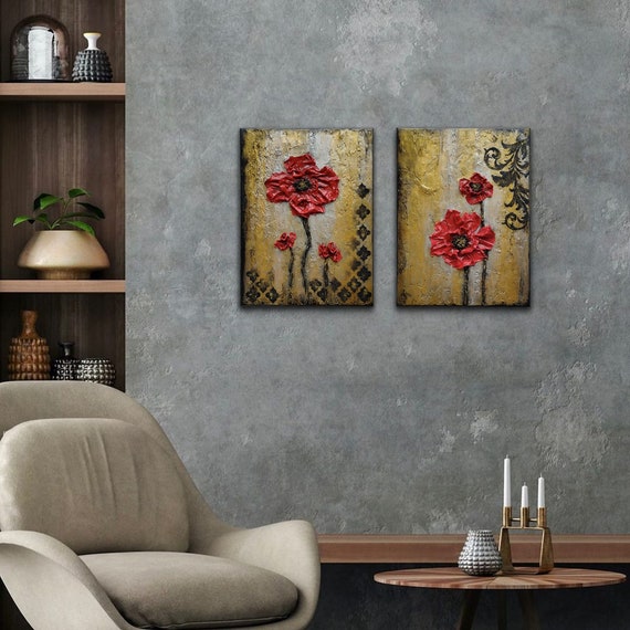 Red Gold Silver Wall Art 2piece Bundle Texture Painting Etsy