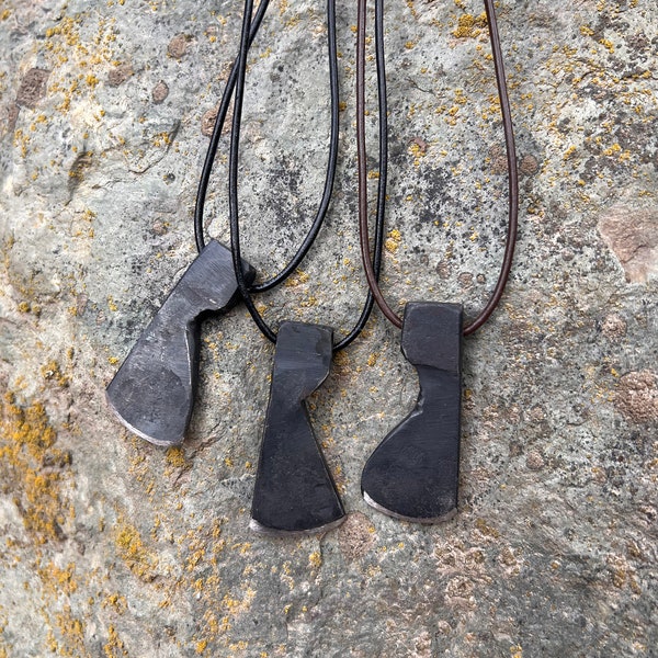 Axe Head Pendant, Hand Forged, Steel with Leather Cord