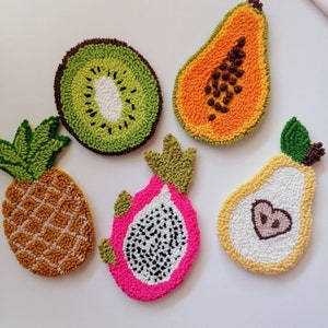 Handmade Punch Embroidered Tropical Fruit Drinkware Mug Rugs- Colorful Summer Drink Mats,  Papaya, Dragon, Kiwi, Pineapple, Pear Coasters.