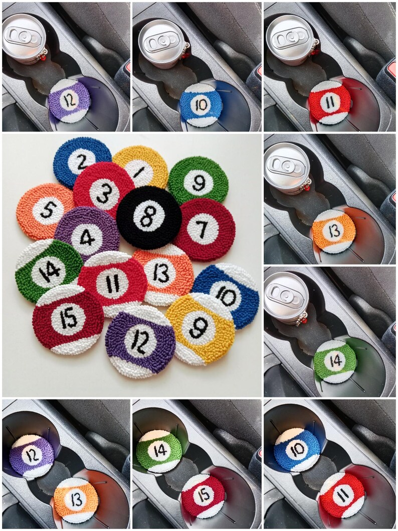 Custom magic 8 ball car coaster set, Pool Player Gifts, Handmade Punch needle coaster. immagine 4