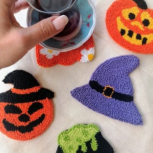 witch hut coaster, cute pumpkin mug rug