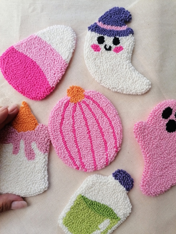 Pink Halloween Punch Needle Coasters: Spooky Home Decor