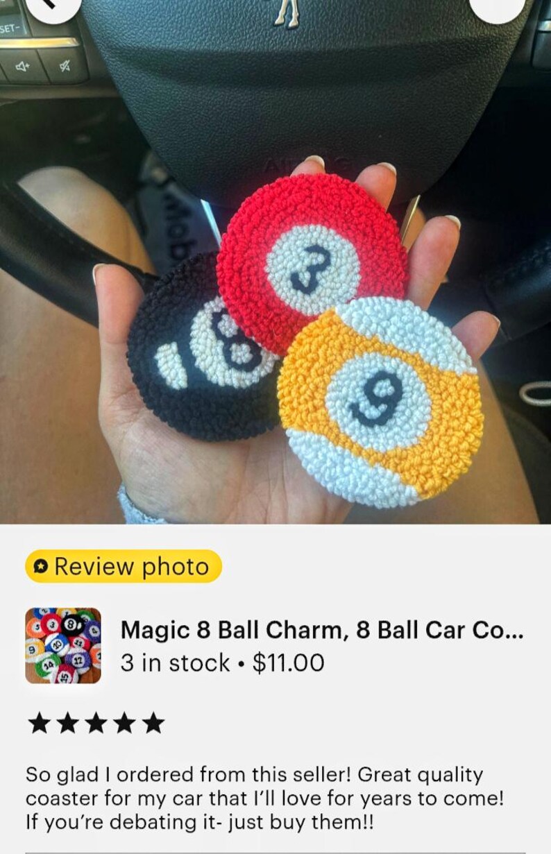 Custom magic 8 ball car coaster set, Pool Player Gifts, Handmade Punch needle coaster. immagine 16