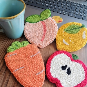 Handmade Drinkware, Fruit Mug Rug, Modern Farmhouse Gift , Punch Needle Drink Coaster, Cup Coaster,  Fruit Themed Coaster, Home Furnishings.