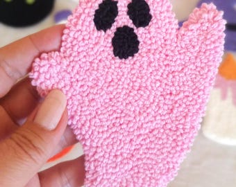 Pink Halloween Coaster: Punch Needle Mug Rug with Ghost, Pumpkin