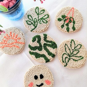 Set of 2 Punch Needle Plant Car Coaster, Leopard Print Coaster, Handmade Gift for Her, Trendy Car Decor, Leopard Print Car Accessories.