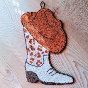 Girly Western Wall Art, Punch Needle Cowgirl Cowboy Boot & Hat Wall Art,  Unique  Handmade Wall Hanging Gift , Western, Wall Rug Cowgirl.