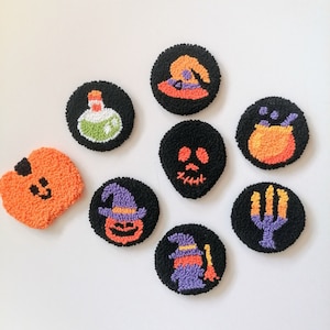 Handmade Spooky Punch Needle Car Coasters: Halloween Gothic Decor (Set of 2)