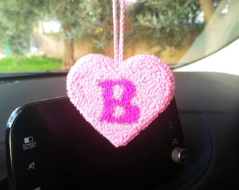 Romantic Couple Gifts, Handmade Personalized Heart Car Charm: Punch Embroidery Initial Car Mirror Hanger.