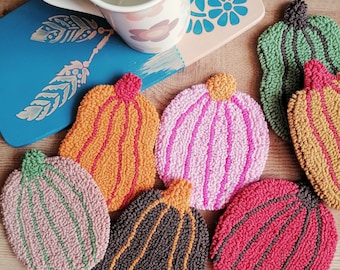 Handmade Pumpkin Punch Needle Coaster: Easter Hosting,  Mug Rug, Fall Hosting Decor.