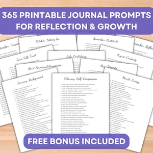 May include: A collection of printable journal prompts for reflection and growth. The image features several white sheets of paper with prompts for each month, including topics like self-trust, gratitude, and energy. The text "365 Printable Journal Prompts" is at the top.