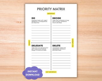 以下が含まれることがあります： 上部に「Priority Matrix」というテキストが入った、白い印刷可能な優先順位マトリックス。 マトリックスは、実行、決定、委任、削除の4つの象限に分かれています。 「インスタントダウンロード」という言葉は紫色の雲の中にあります。