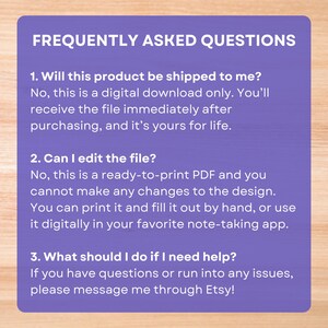 FAQ

Will this product be shipped to me?
No, this is a digital download only.

Can I edit the file?
No, this is a ready-to-print PDF and you cannot make any changes to the design.

What should I do if I need help?
Please message me through Etsy!