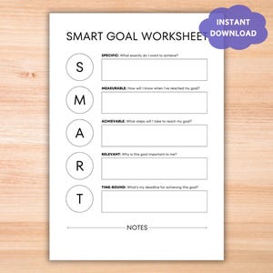 SMART Goal Template Printable PDF, Goal Setting Worksheet Planner for Adults Students Teens, Productivity Goal Planning Tracker for Business