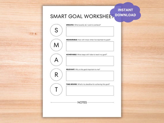 SMART Goal Template Printable PDF, Goal Setting Worksheet Planner for Adults Students Teens, Productivity Goal Planning Tracker for Business