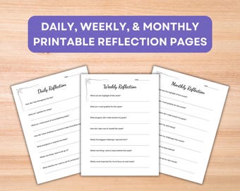 Daily Reflection Printable Template, Weekly Review Journal Writing Prompts, Monthly Review, Self Reflection Questions for Personal Growth