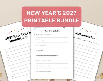 New Year's 2027 Printable PDF Bundle: Year In Review, Self-Reflection Journal, New Year's Resolutions, Goal Setting + Planning, Bucket List