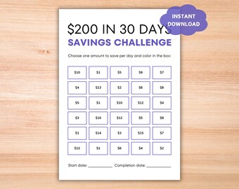 以下が含まれることがあります： 「30日で200ドル貯蓄チャレンジ」と書かれた白い印刷可能な貯蓄チャレンジシート。1ドルから15ドルまでの金額を塗りつぶすボックスが含まれています。紫色の雲のグラフィックには「インスタントダウンロード」と書かれています。