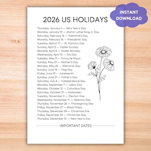 Może przedstawiać: Biały, drukowany kalendarz świąt państwowych USA na rok 2026 z ilustracją kwiatową. Kalendarz zawiera daty Nowego Roku, Walentynek, Dnia Prezydenta, Dnia Świętego Patryka, Wielkanocy i innych świąt. Słowa "Natychmiastowe pobieranie" znajdują się w fioletowej chmurze.