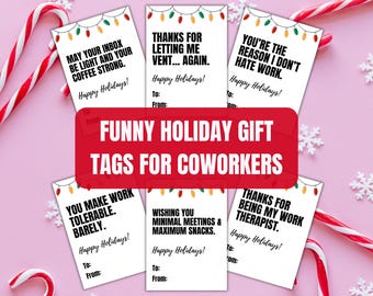 Étiquettes cadeaux humoristiques à imprimer pour les fêtes de fin d'année, cartes de vœux sarcastiques pour les employés (fête de bureau), cartes avec citations pour le personnel, les collègues et le patron.