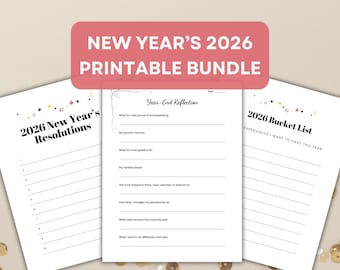 Neujahr 2026 Printable PDF Bundle: Jahresrückblick, Selbstreflexionsjournal, Neujahrsvorsätze, Ziele setzen + Planung, Bucket List