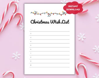 Liste de souhaits de Noël à imprimer pour enfants, adolescents et adultes, modèle de liste de cadeaux au Père Noël secret, idées de listes de Noël, liste de cadeaux préférés pour un Père Noël secret