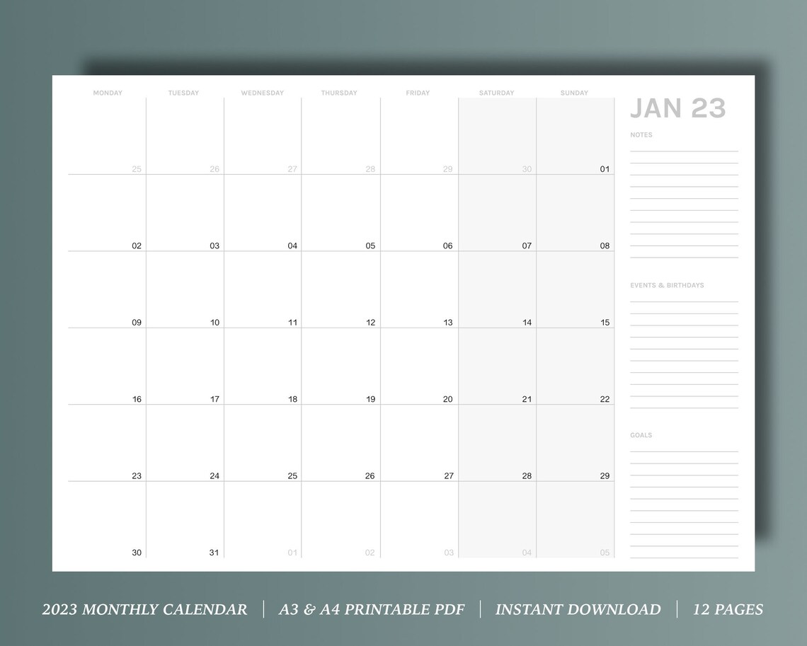 2023 A3 Calendar Printable with Dates 2023 Monthly Planner - Etsy