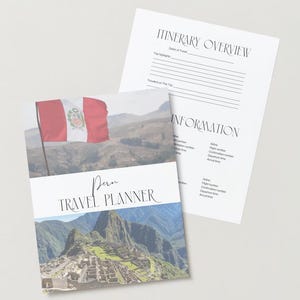 Planejador de viagens para o Peru, PDF de planejamento de viagens, Planejador de itinerários para impressão, Rastreamento de voos com design moderno, Lista de embalagem, Guia de viagem