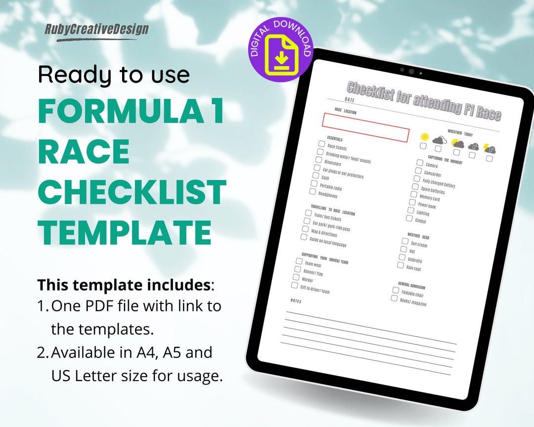 Formula One Race Checklist With F1 Travel Itinerary Template - Etsy