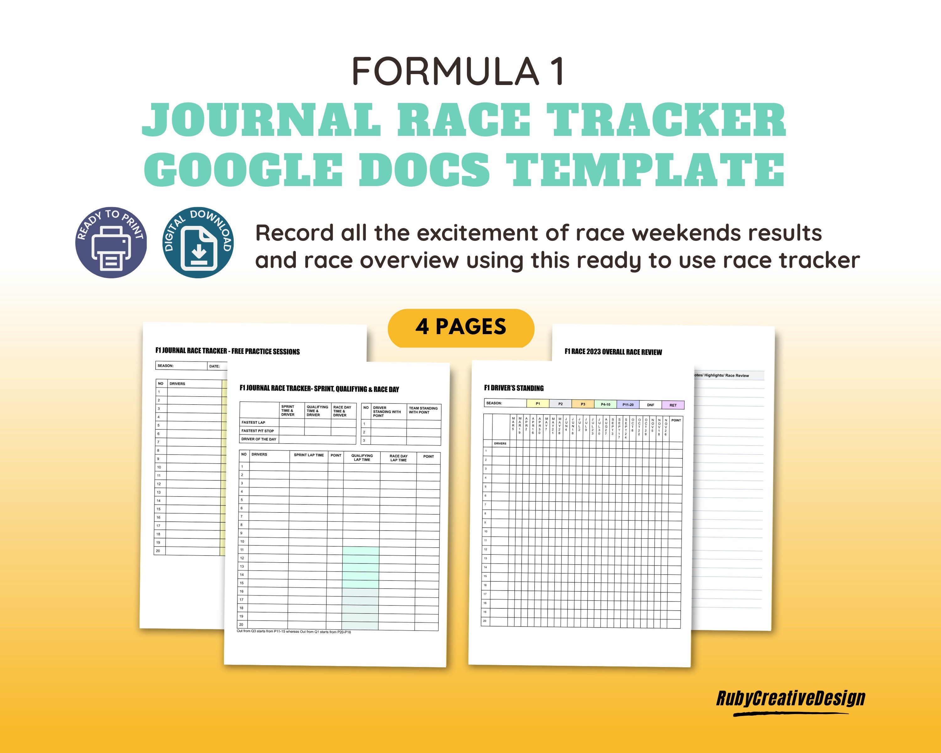 Formula One Weekly Race Tracker Journal Google Docs for F1