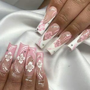 Handmade Detail Flower Nail Art Press On Nails | Handdrawn Nail Art | NO STICKERS | BillioNoire Beauty