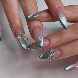 Handmade Aibrush Cateye Bow Press On Nails | Handdrawn Nail Art | NO STICKERS | BillioNoire Beauty