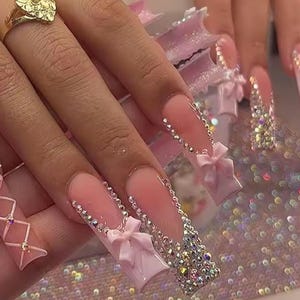 Handmade Rhinestone Cover French Press On Nails | Handdrawn Nail Art | NO STICKERS | BillioNoire Beauty
