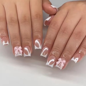 Handmade French Bow Chrome Press On Nails | Handdrawn Nail Art | NO STICKERS | BillioNoire Beauty